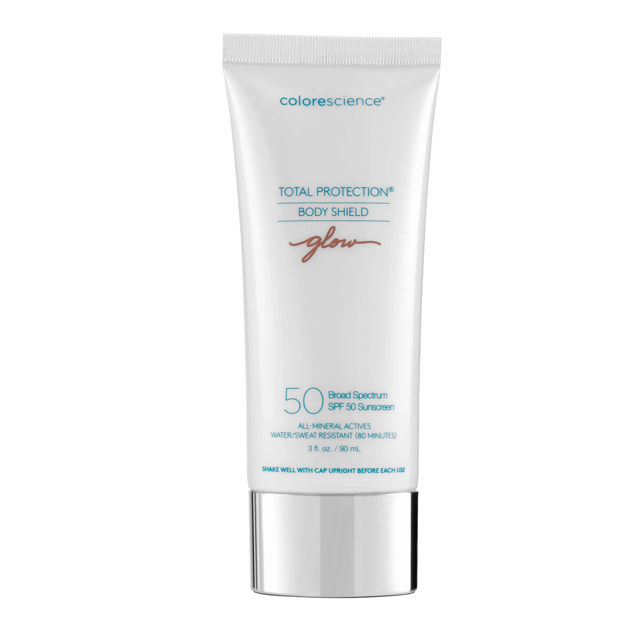 Colorescience Total Protection® Body Shield Glow SPF 50 – Ragyogást adó ásványi fényvédő testre (90 ml)